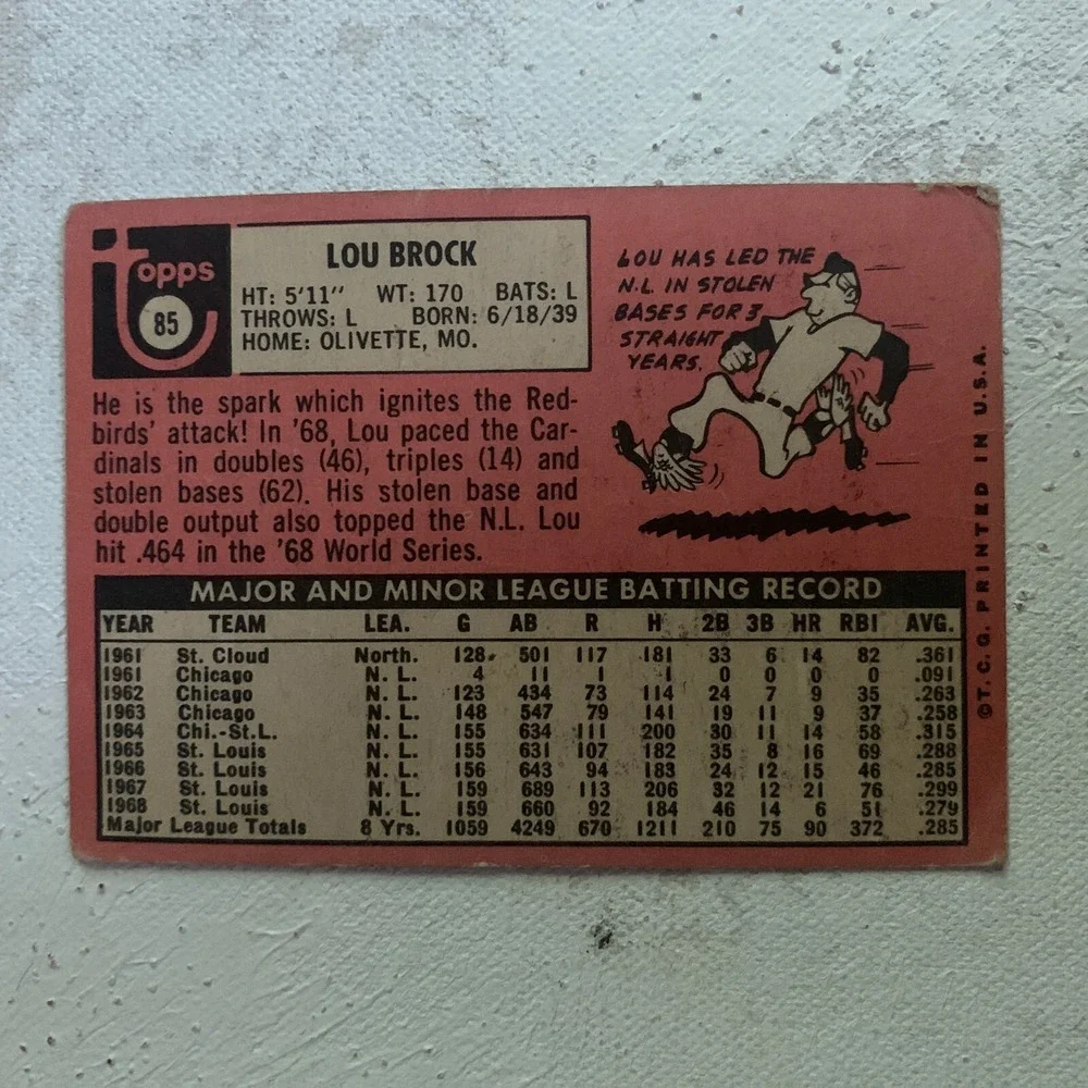 Lou Brock St. Louis Cardinals 1969 Topps Baseball Card #85 VG